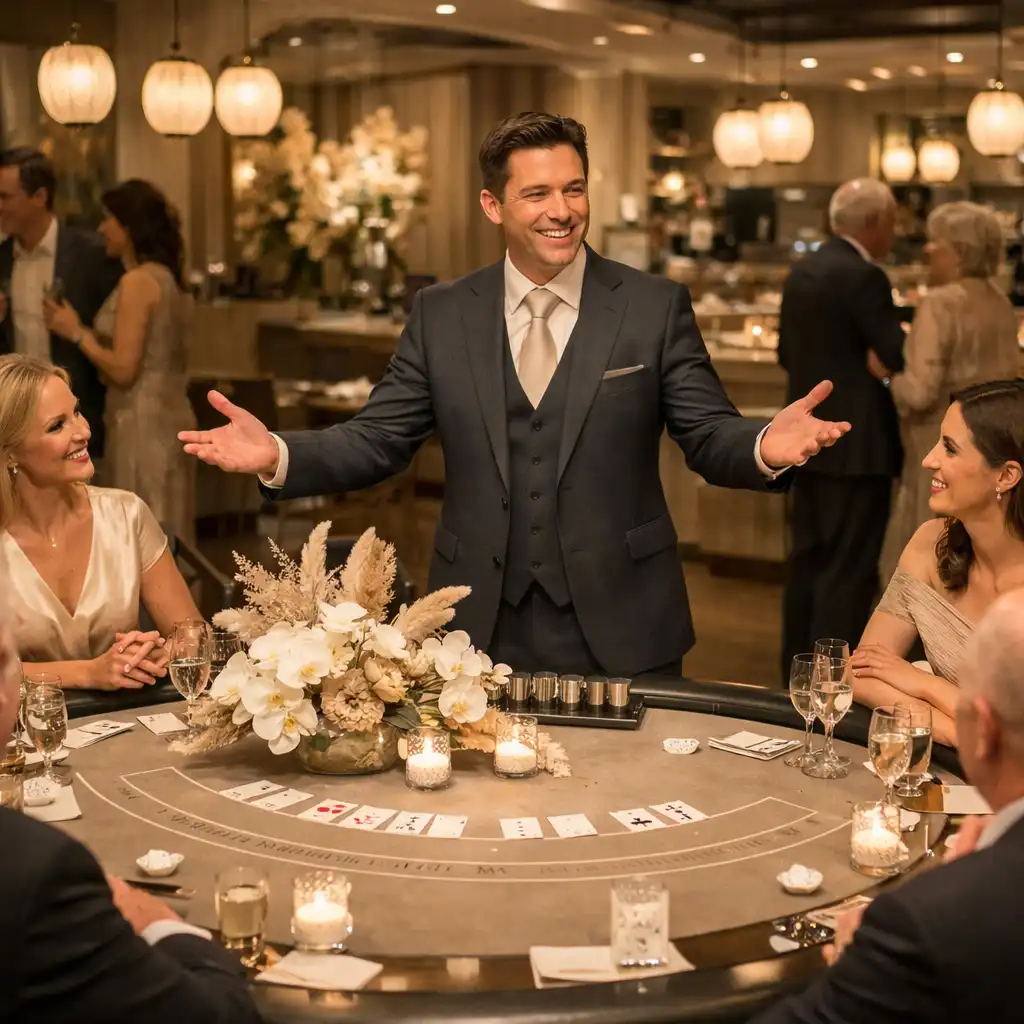 Professional host welcoming guests around a blackjack-style table during a refined restaurant gala