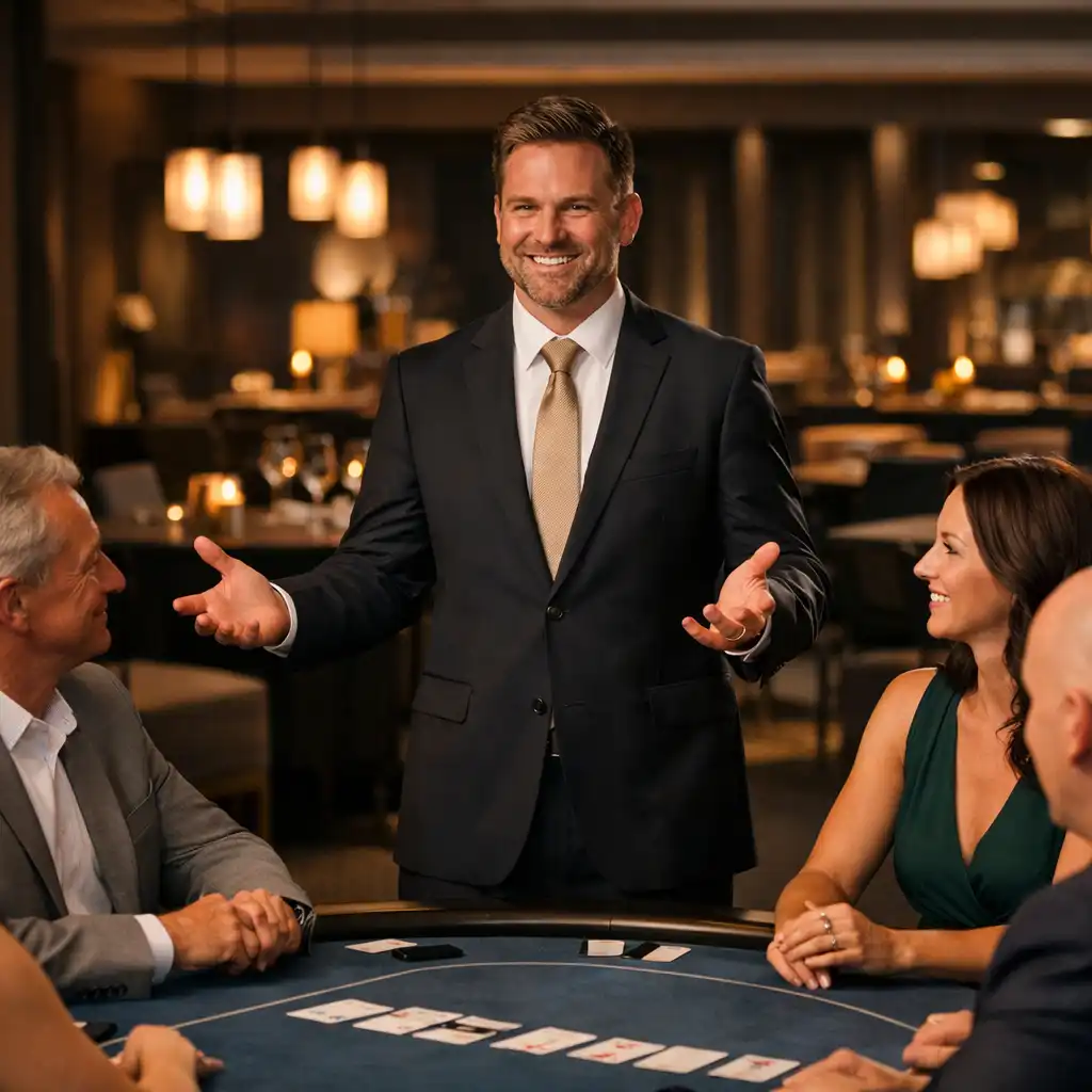Professional host welcoming adult guests around a blackjack-style table in a restaurant