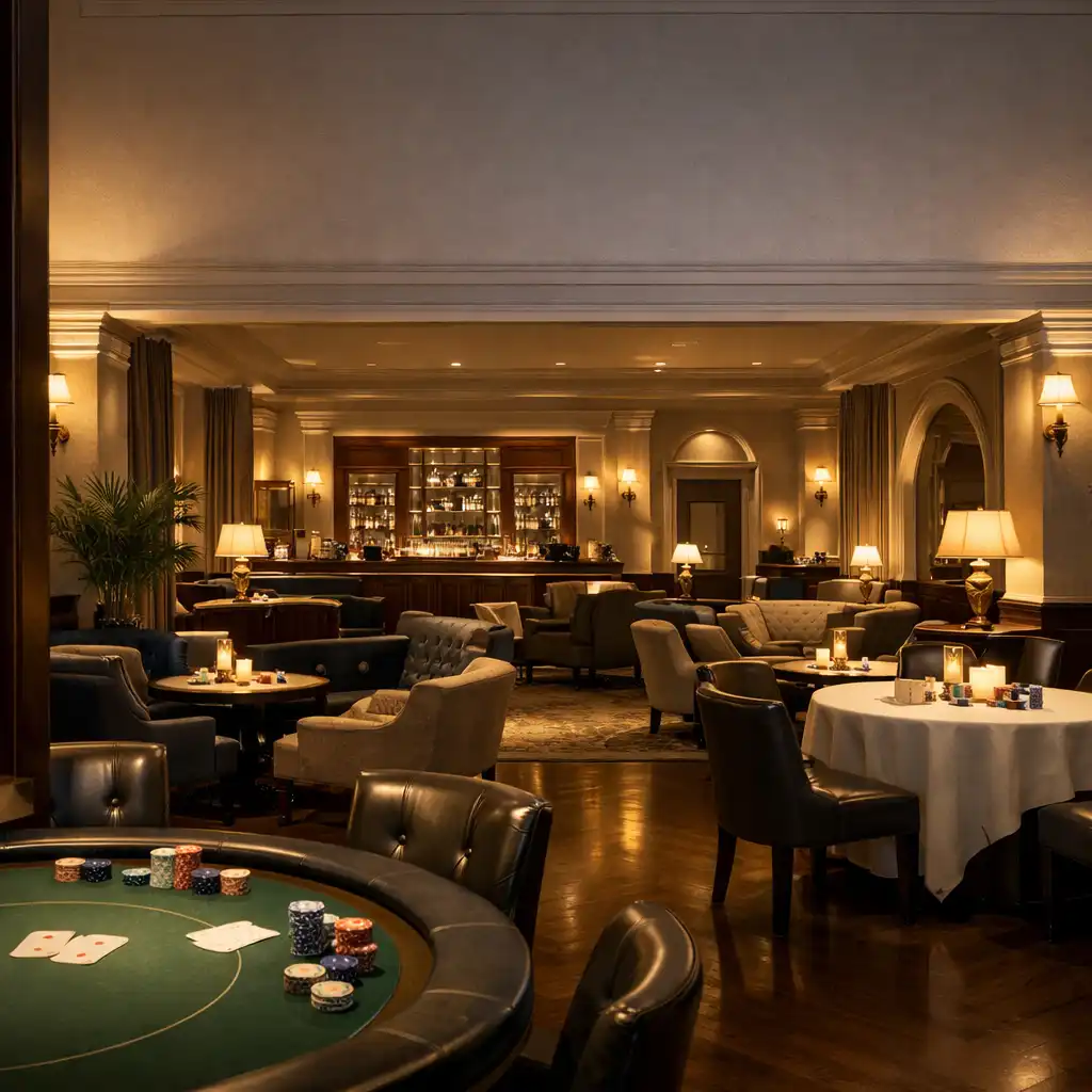 Elegant restaurant lounge with card table, polished wood, seated guests and softly lit hospitality details