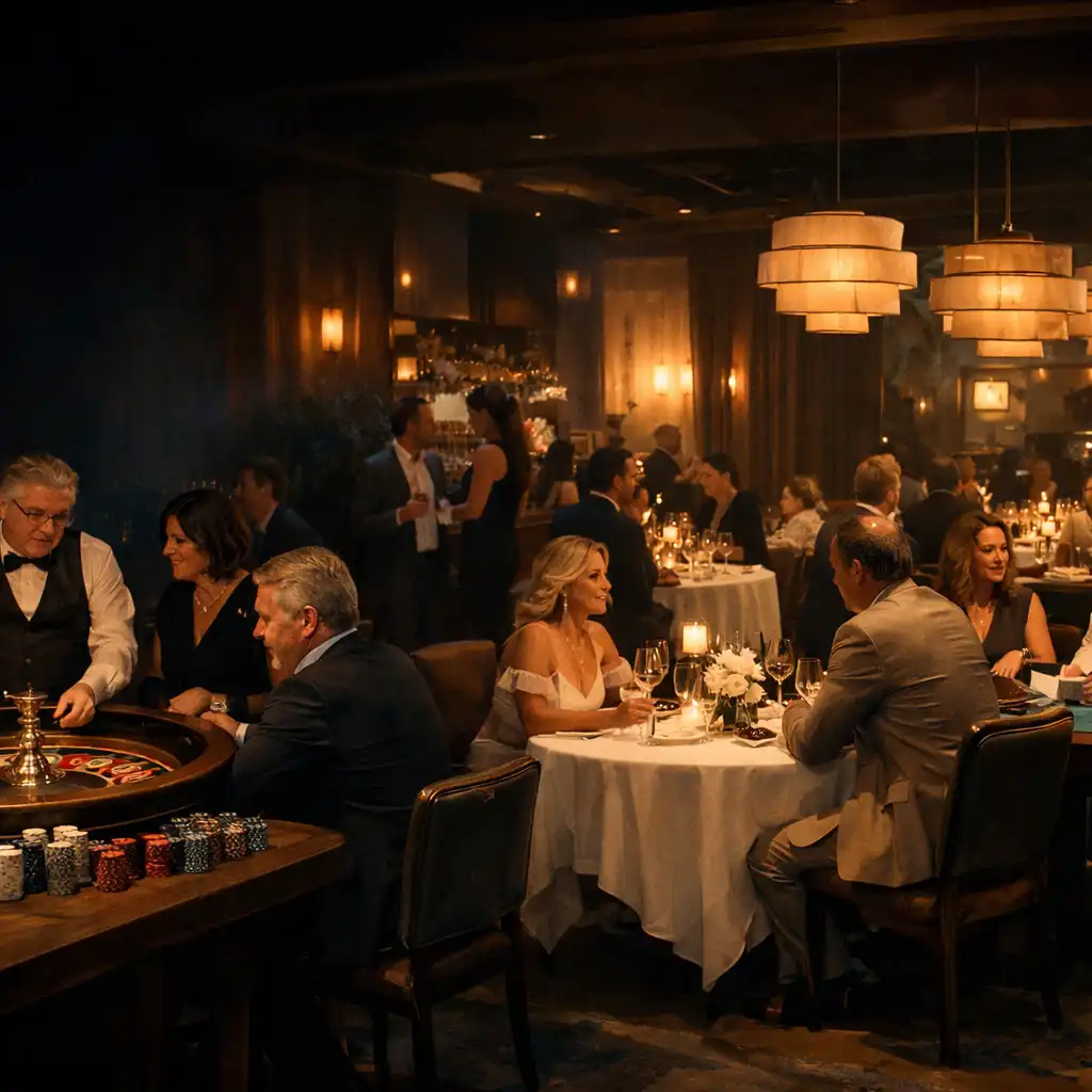 Restaurant gala dining room styled with a roulette station, card table and layered lounge lighting
