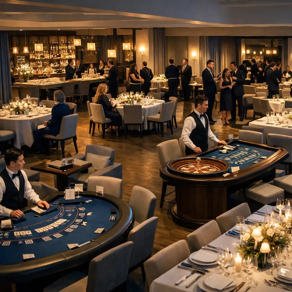 Restaurant room arranged with dining settings, casino-style entertainment tables and guests mingling at a gala-ready event