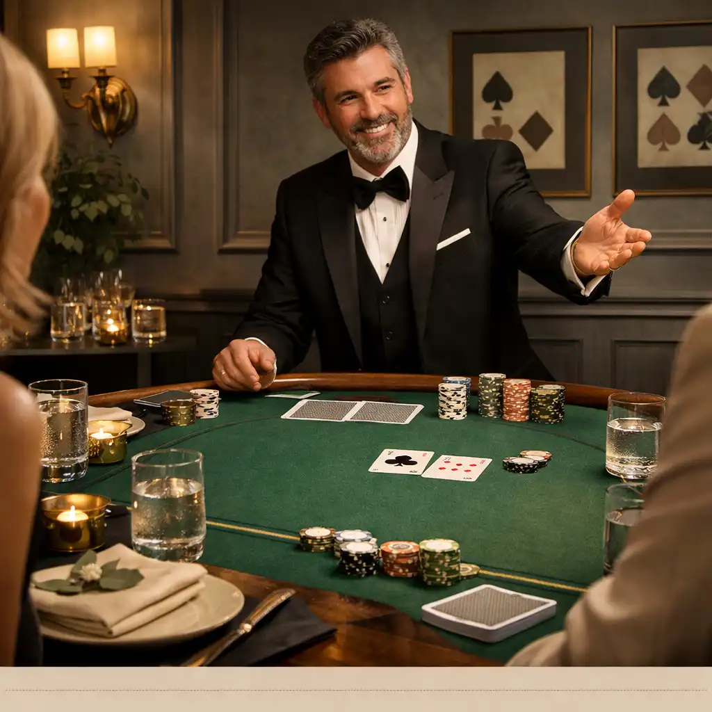 Professional host welcoming guests at a styled poker table in a themed restaurant card room