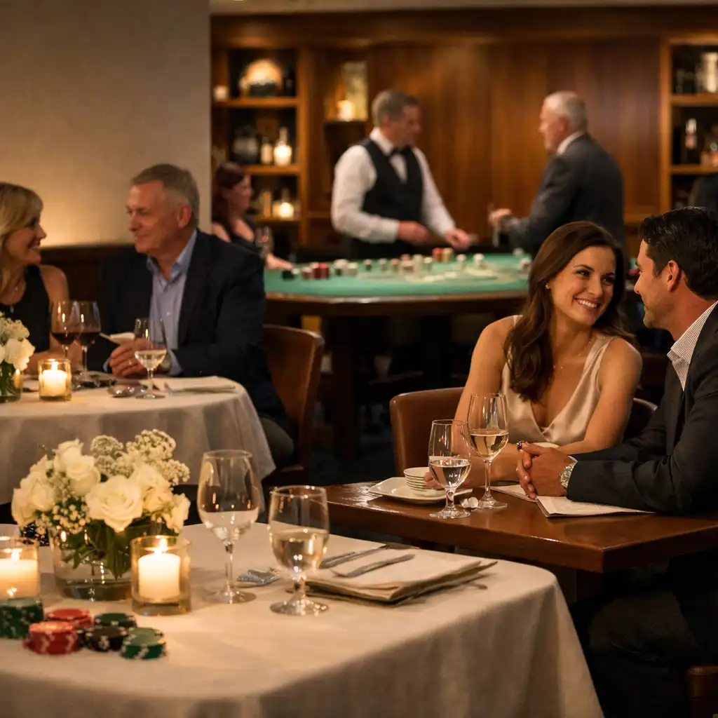 Guests conversing in a softly styled restaurant lounge with table settings and discreet casino-style entertainment
