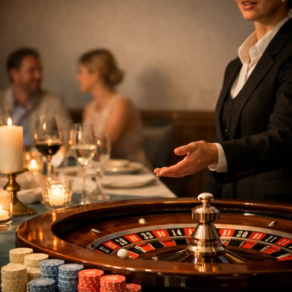 Professional dealer gesturing beside a roulette wheel and glassware in a refined restaurant setting