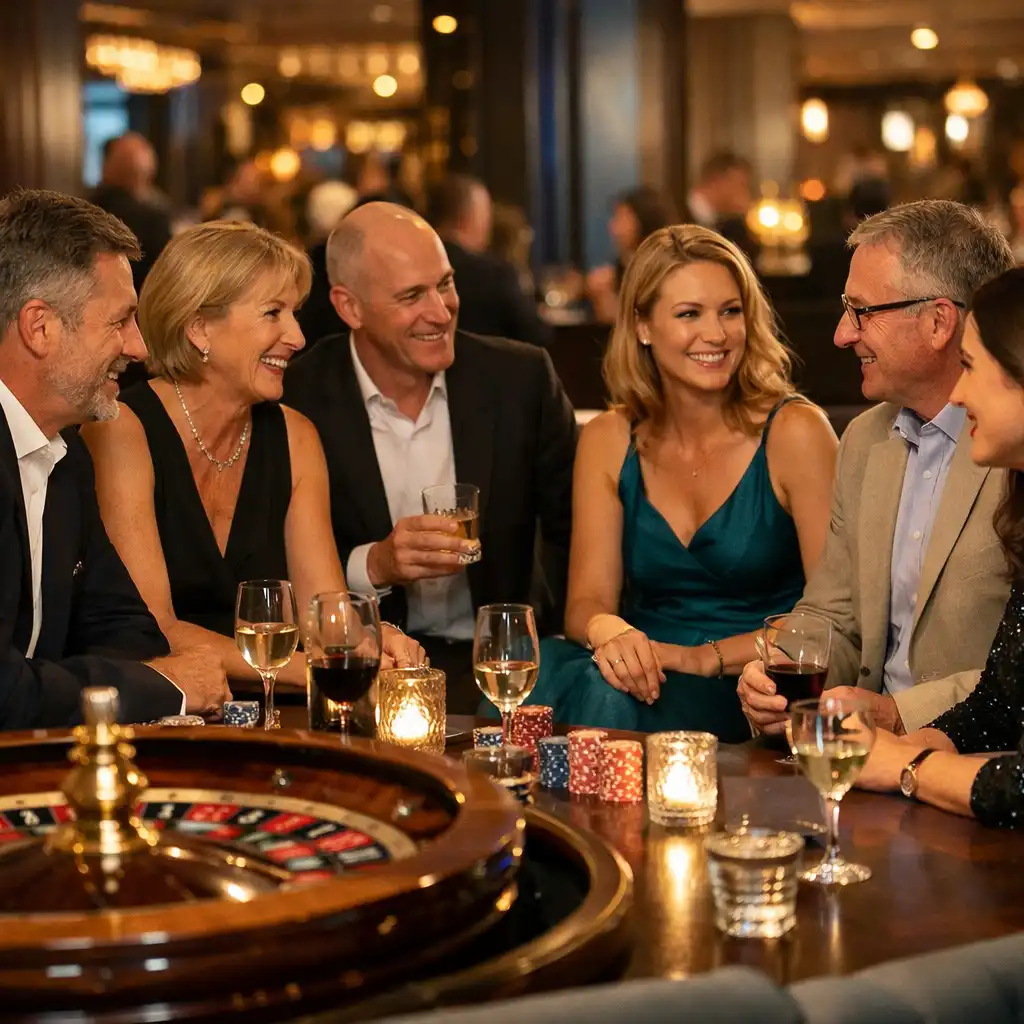 Guests in smart attire conversing around an elegant casino lounge table in a restaurant gala setting