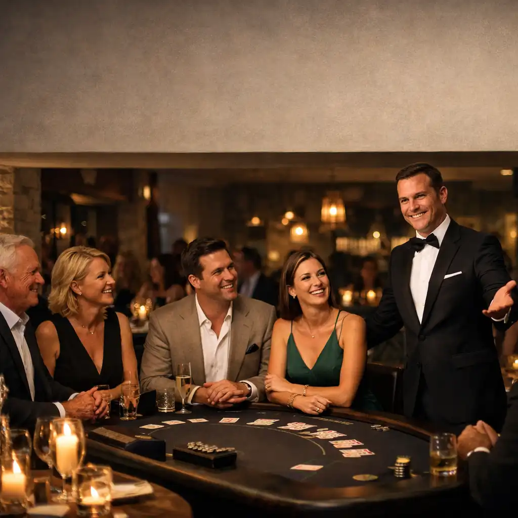 Adult guests in relaxed conversation near a hosted blackjack-style entertainment table in a restaurant gala setting