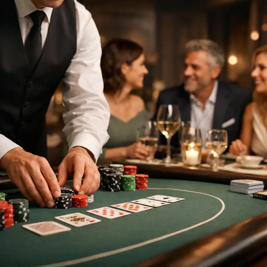 Dealer hands arranging decorative chips and cards as guests converse at a hosted poker table in a restaurant