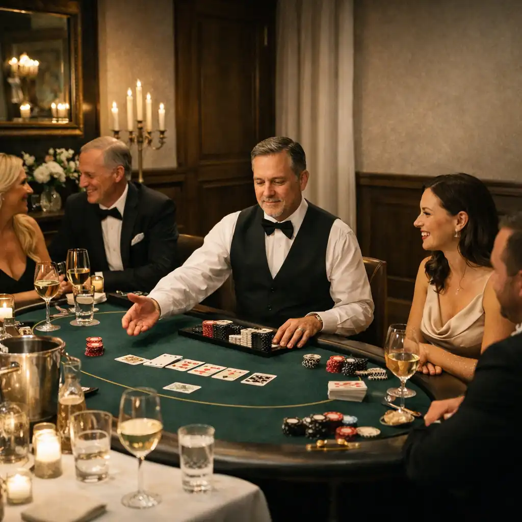 Themed poker salon in an elegant private restaurant dining room with a dealer and guests in conversation