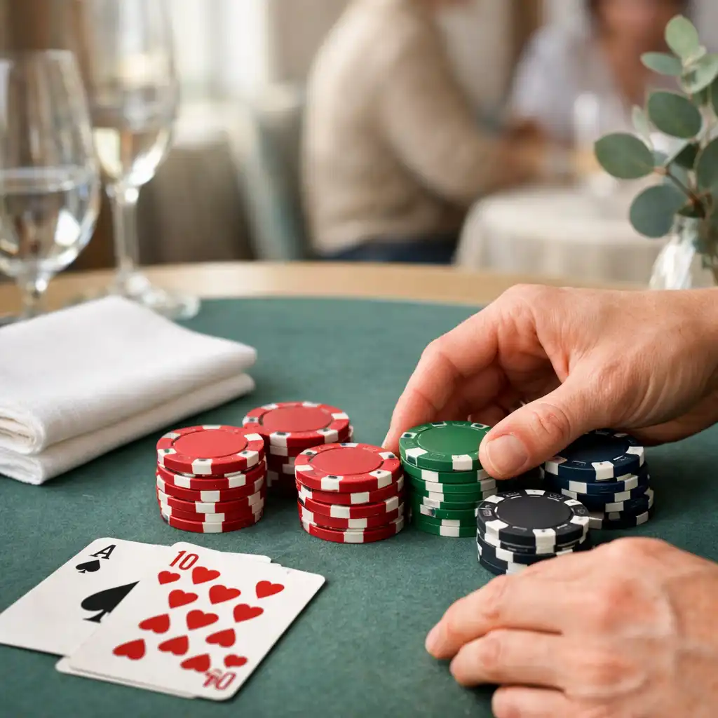 Hands arranging decorative chips and cards beside glassware and a completed place setting in a private restaurant dining room