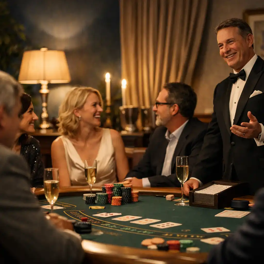 Adult guests in conversation around a hosted card-room table in a refined restaurant setting