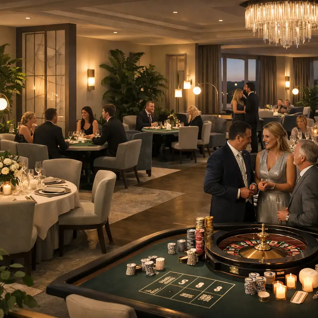 Restaurant interior transformed into a casino-inspired lounge with dining settings, tables and guests in conversation