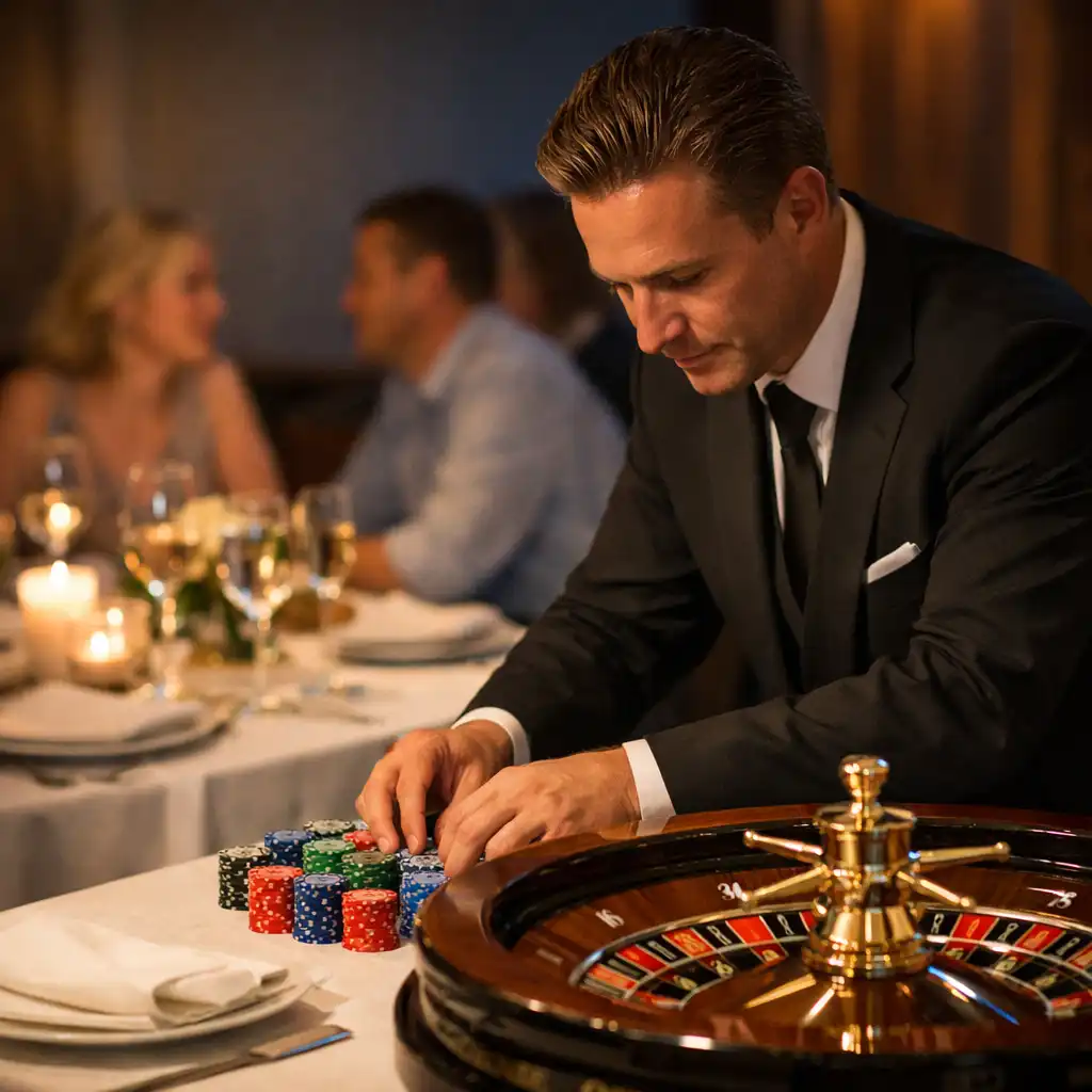 Professional dealer arranging decorative chips beside a roulette wheel at a linen-set restaurant table