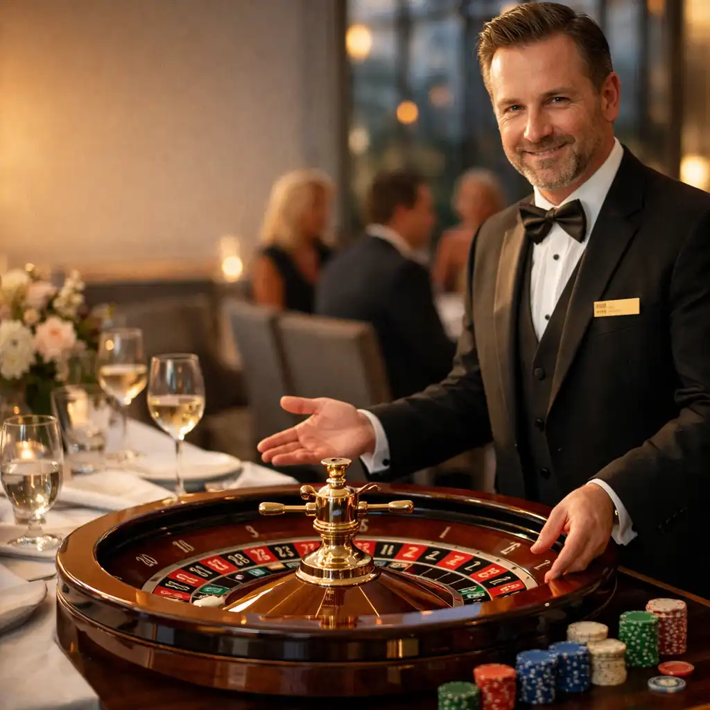 Professional dealer presenting a roulette wheel beside a polished restaurant table setting