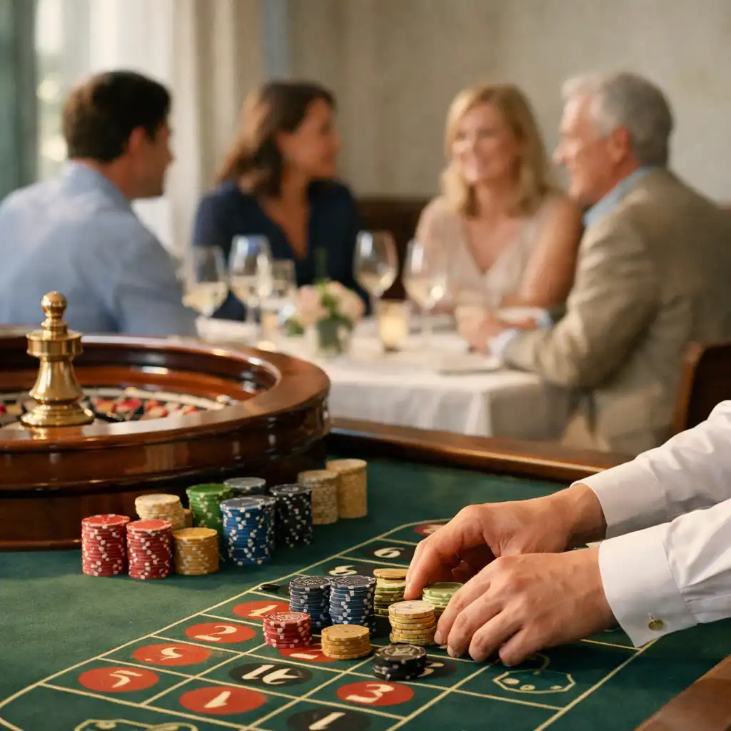 Dealer hands arranging decorative chips at a roulette table in a bright restaurant private dining room