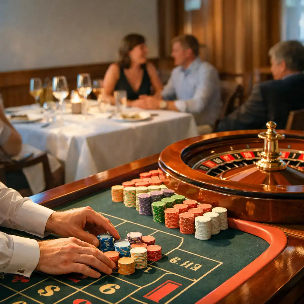 Dealer hands arranging decorative chips beside a roulette table in a refined restaurant setting