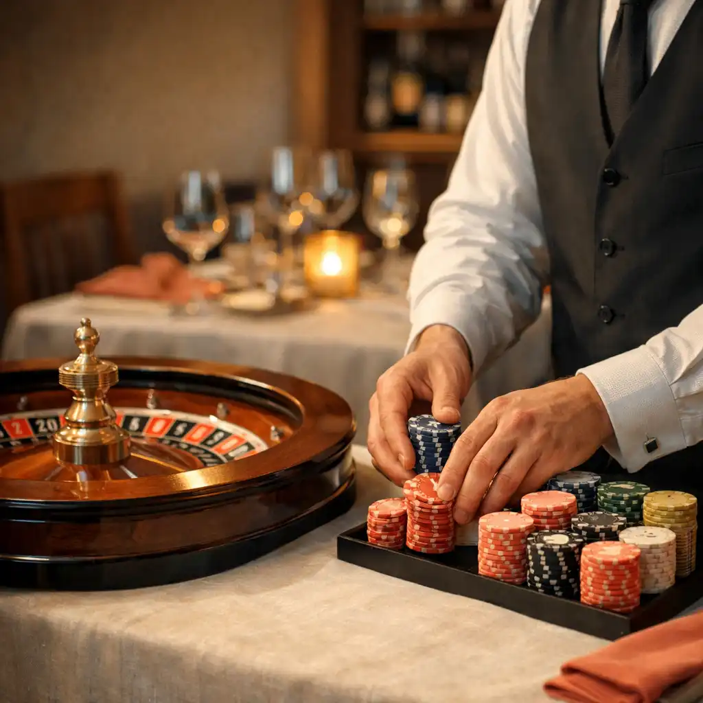 Dealer hands arranging decorative chips beside a polished roulette wheel on a linen-covered restaurant table