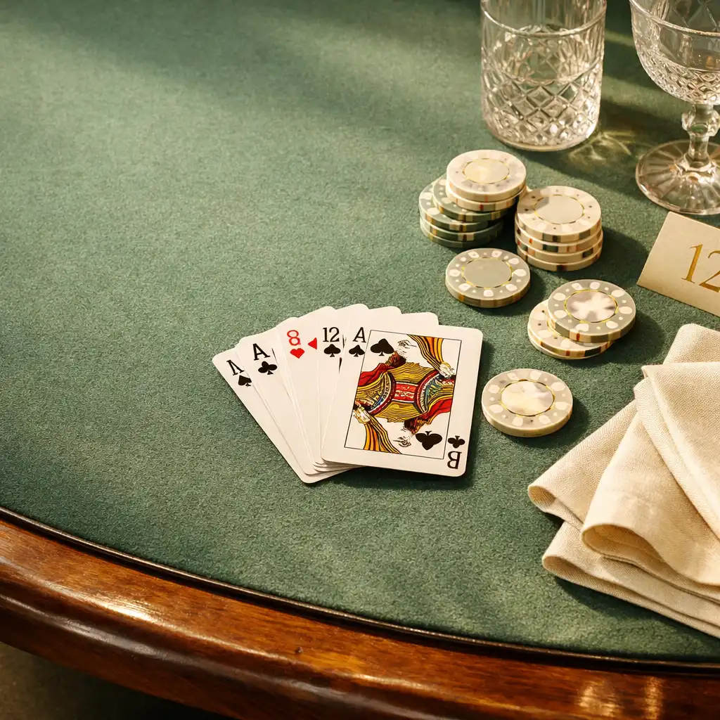 Cards, decorative chips, linen and glassware arranged on an elegant restaurant card table