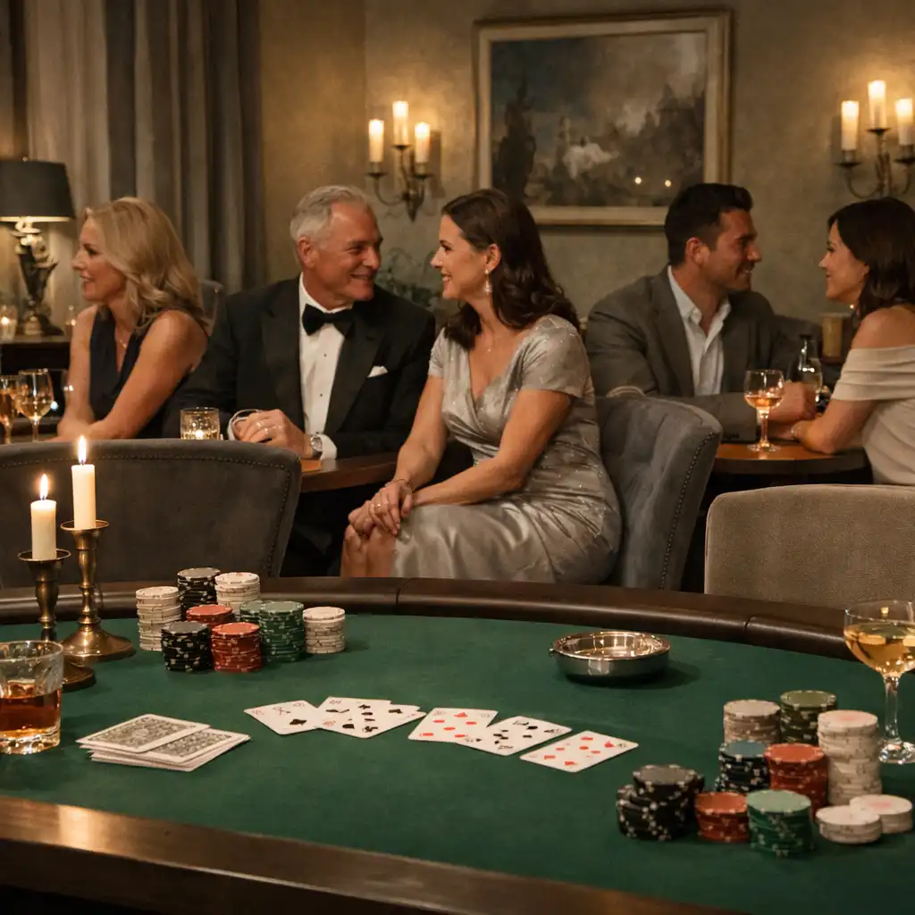 Elegant themed card room within a private restaurant dining space, with guests talking around a green felt table