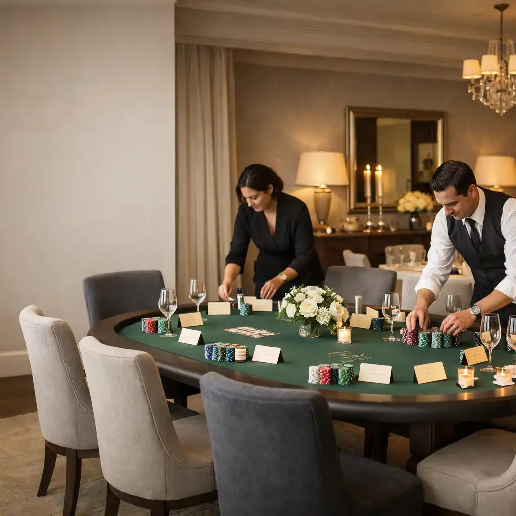Restaurant private-dining room styled with a card table, decorative chips, place cards and refined glassware