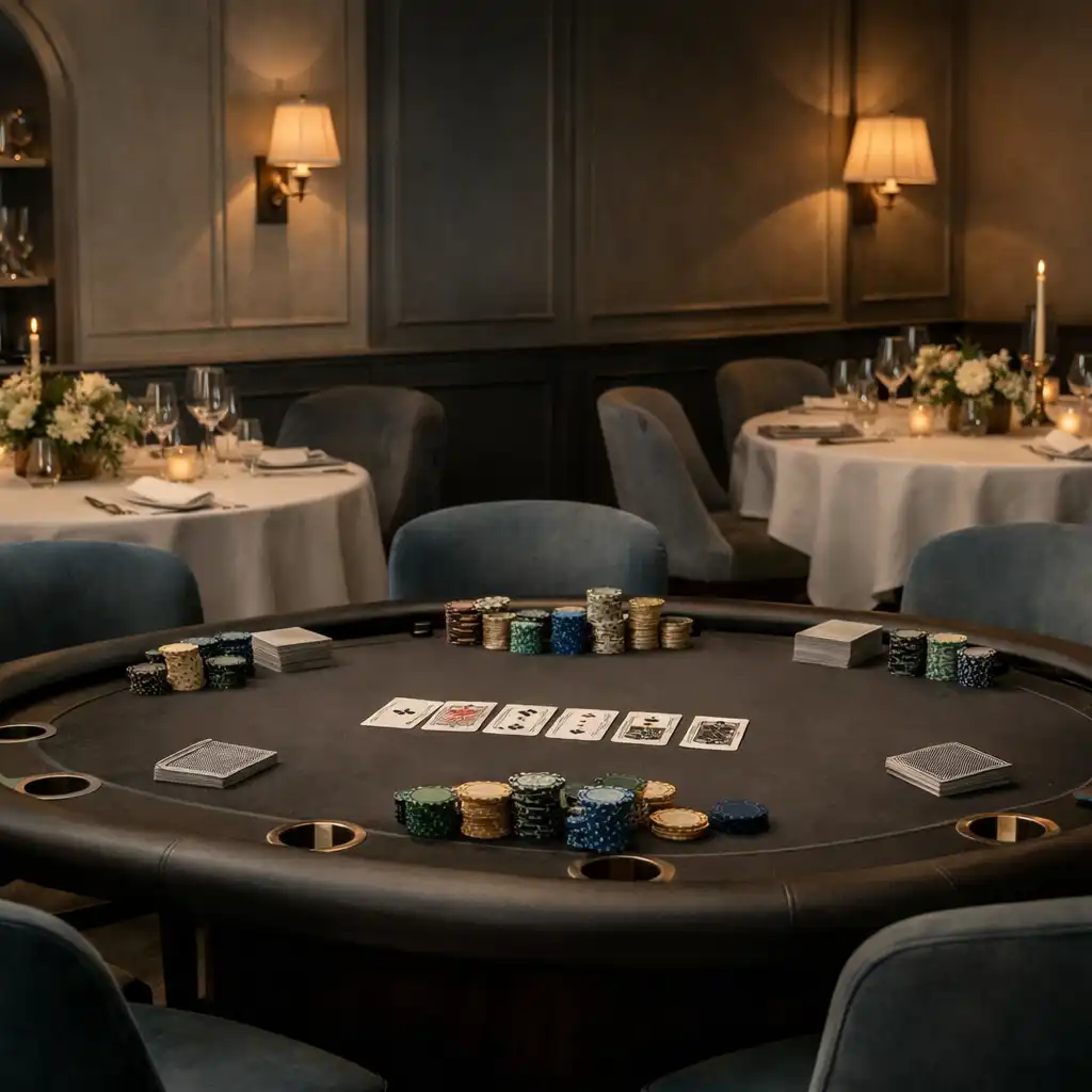 Restaurant private room arranged as a refined casino-style card room with poker table, linen dining tables and glassware